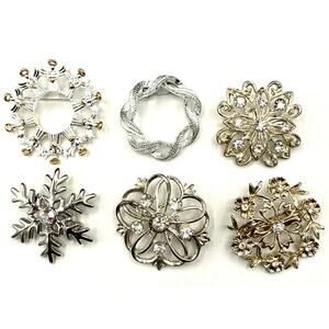 Vintage Brooch Lot Of 6 Avon Gerrys Rhinestone Flowers Snowflake Angel Wreath